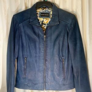 Women's Blue Leather Moto Zip Jacket